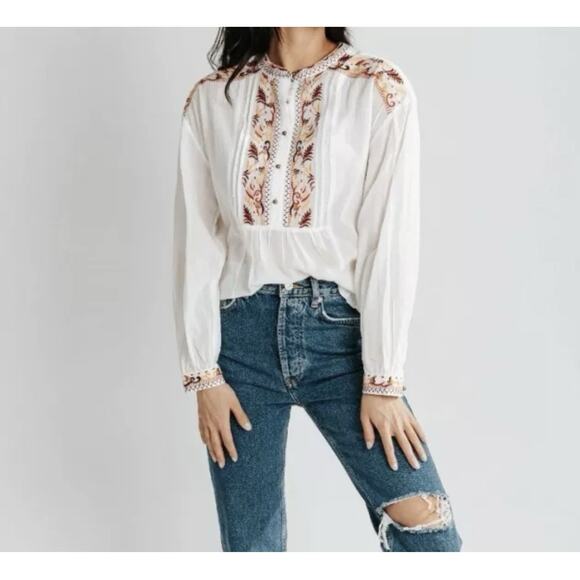 Boho Blouse Piper & Scoot L Cream Cotton Embroidered Floral Trim Buttons Popover - Picture 1 of 8